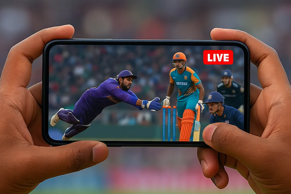 Live cricket streaming on smartphone – Bangladesh T20 Premier League match with diving fielder and batsman in action.