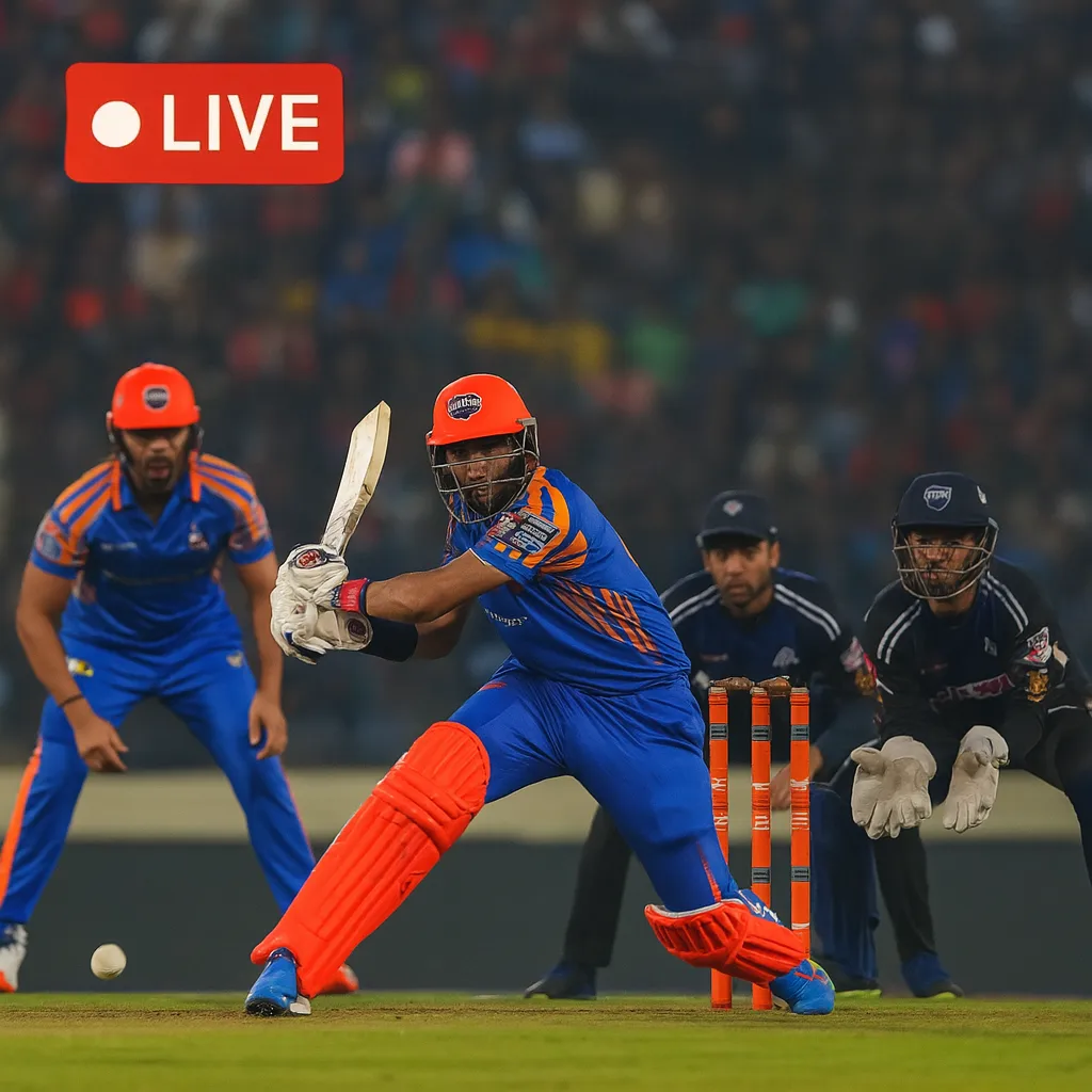 BPL T20 live streaming – Bangladesh batsman in blue and orange uniform plays a defensive shot as wicketkeeper and fielders look on.