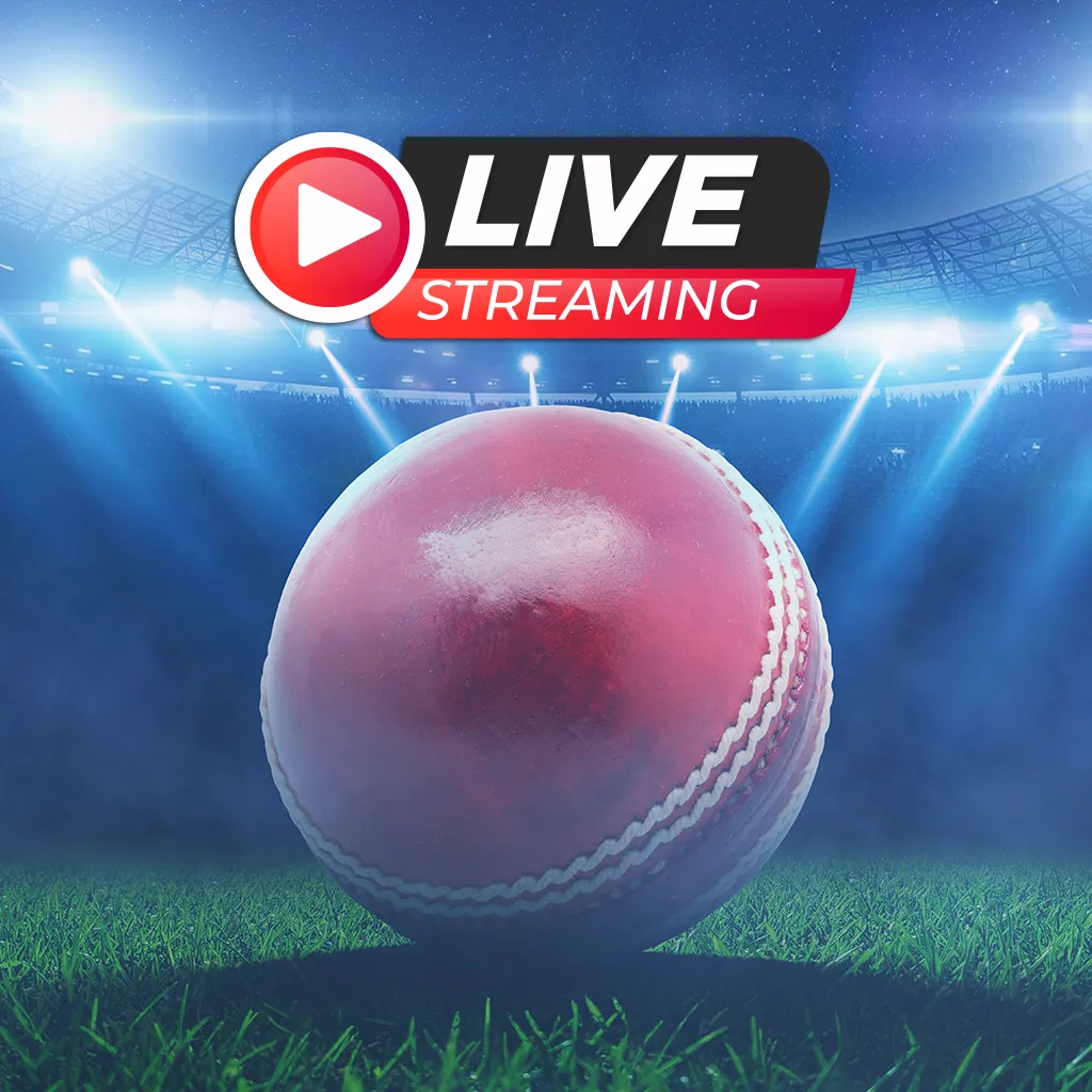 Watch live cricket – glowing stadium lights with red cricket ball symbolizing streaming broadcast.