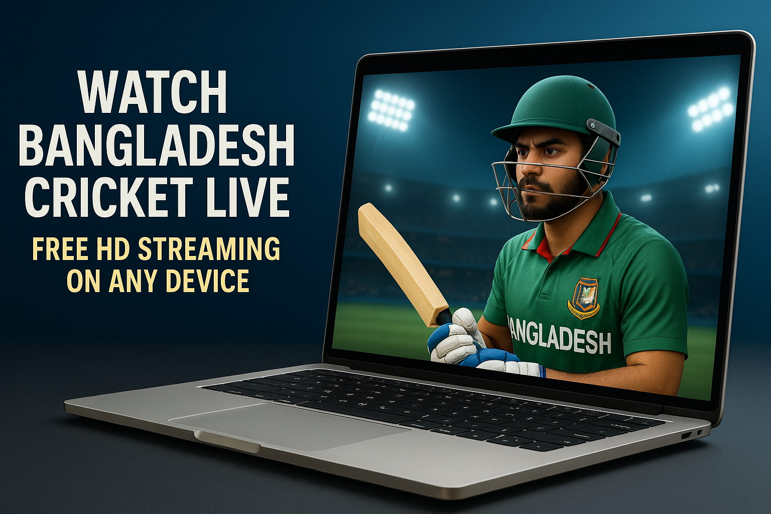 Promotional graphic showing a laptop displaying a Bangladeshi cricket player in a stadium, with bold text reading ‘Watch Bangladesh Cricket Live – Free HD Streaming on Any Device.