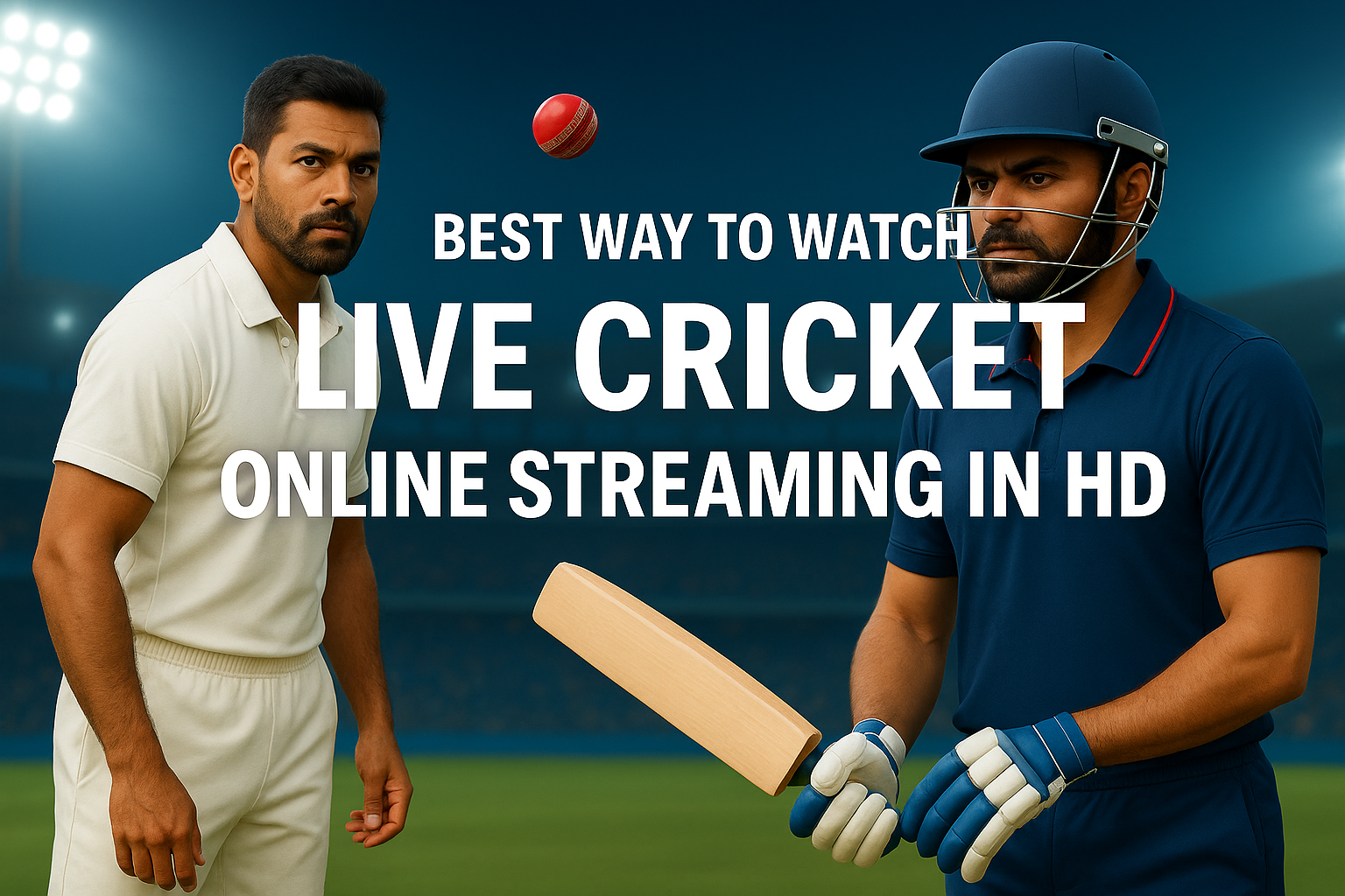 Two cricket players in action on the field, one batting and one bowling, under bright stadium lights with the text ‘Best Way to Watch Live Cricket Online Streaming in HD' displayed across the image.