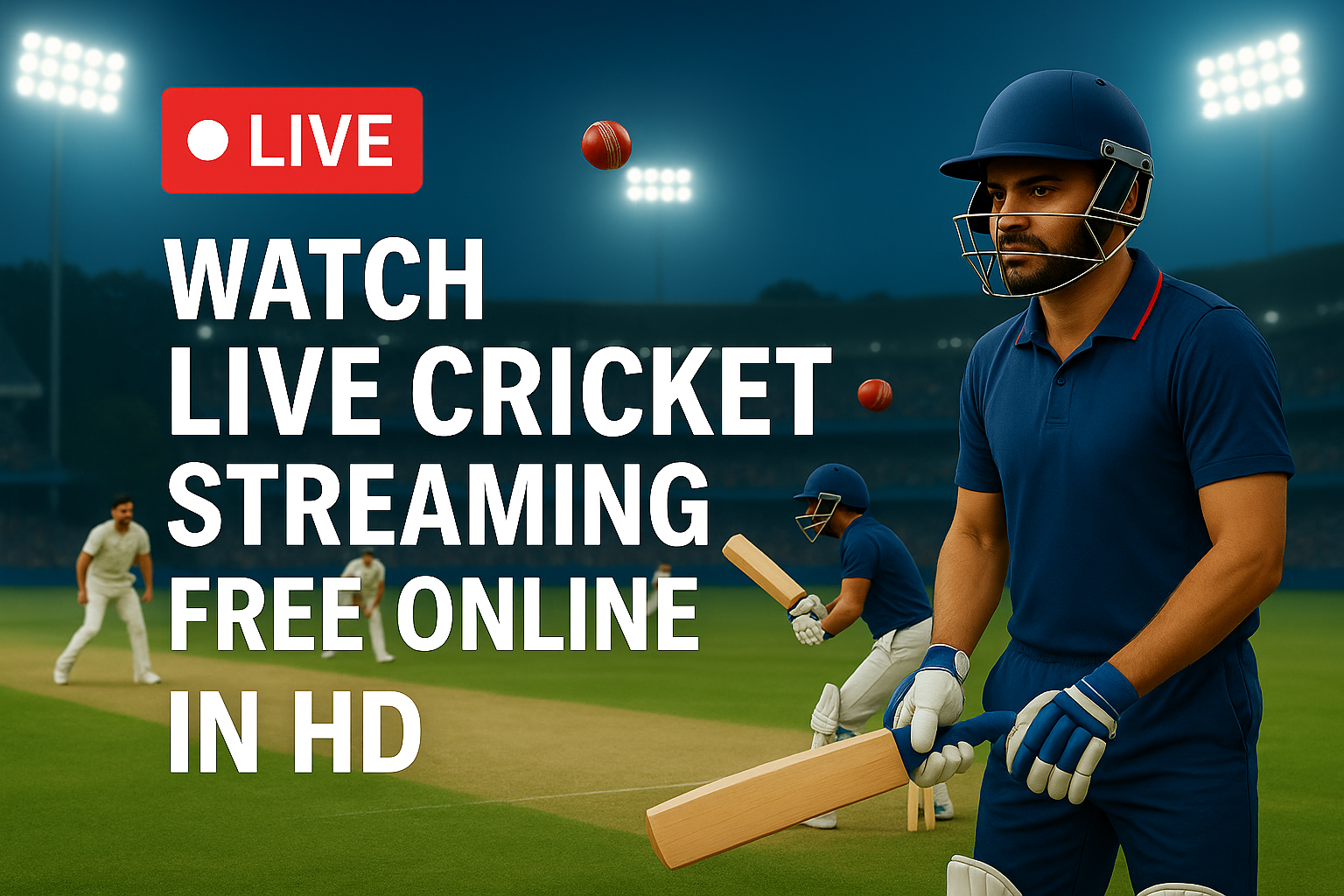 Cricket players on a stadium field during a live match, with a red LIVE icon and bold text saying ‘Watch Live Cricket Streaming Free Online in HD’ displayed over the image