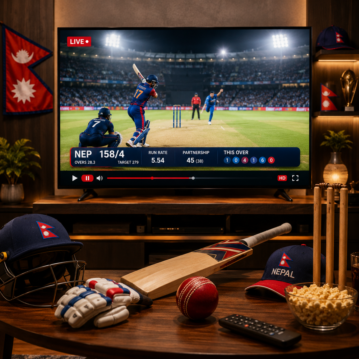 Square image featuring a modern home entertainment setup streaming a live Nepal cricket match in HD, with a real-time scoreboard, cricket bat, helmet, gloves, ball, wicket stumps, and premium viewing environment.