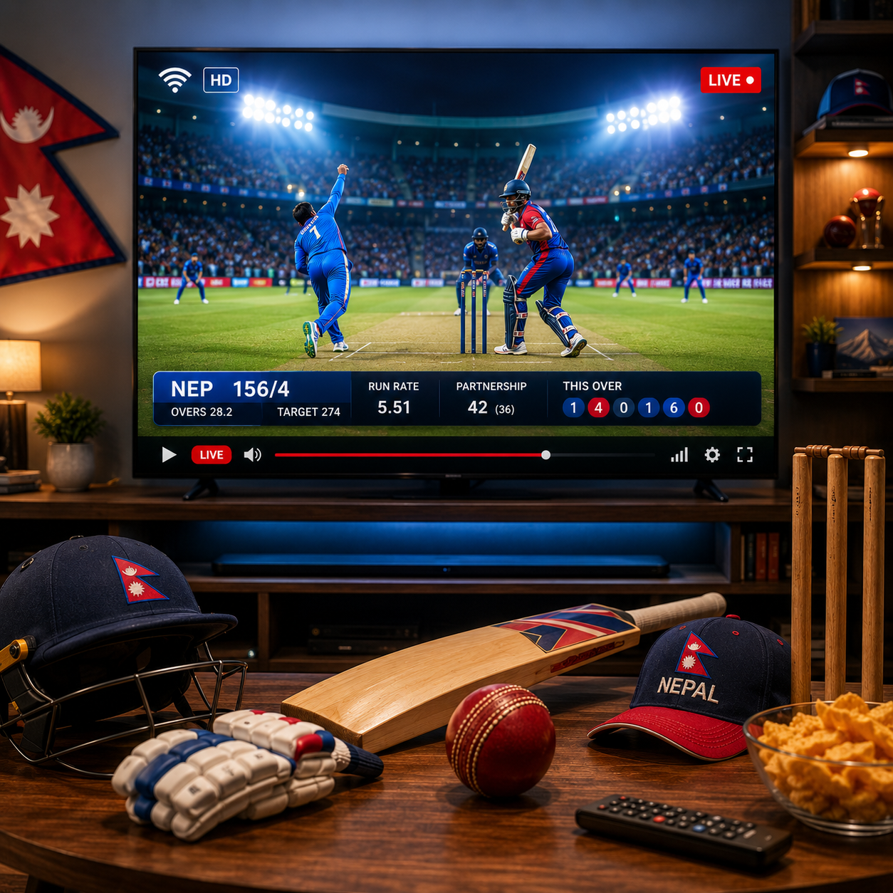 Square image showing a modern home entertainment setup with a 4K TV streaming a live Nepal cricket match in HD, featuring a real-time scoreboard, cricket bat, helmet, gloves, ball, wicket stumps, and a premium viewing environment.