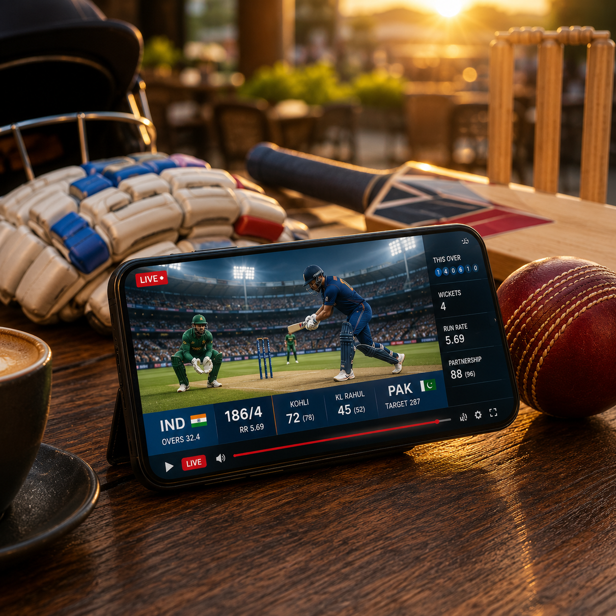 Square image of a smartphone streaming a live cricket match in HD with real-time scoreboard, surrounded by a cricket bat, ball, gloves, helmet, and wicket stumps on an outdoor café table at sunset.