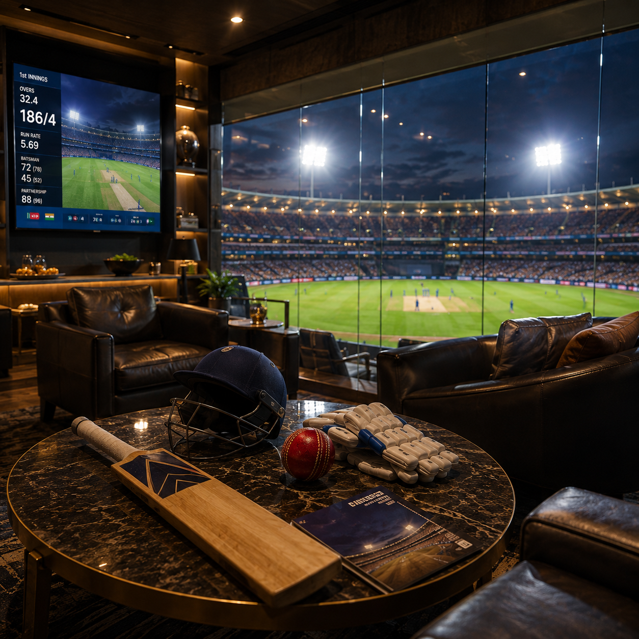 Square image of a luxury VIP stadium lounge overlooking a live cricket match, featuring panoramic stadium views, premium leather seating, a live scoreboard display, cricket bat, helmet, gloves, ball, and match program on a marble coffee table.