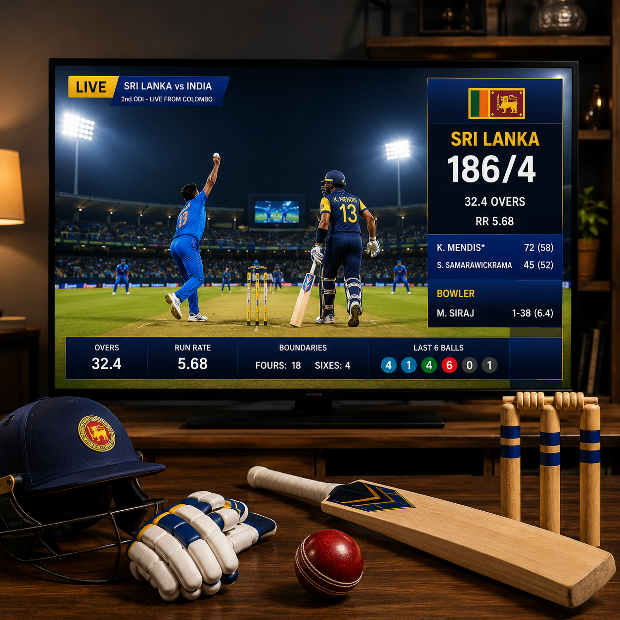 Square image showing a live Sri Lanka cricket match on a widescreen TV with real-time scoreboard, cricket bat, ball, helmet, gloves, and wicket stumps in a modern home viewing setup.
