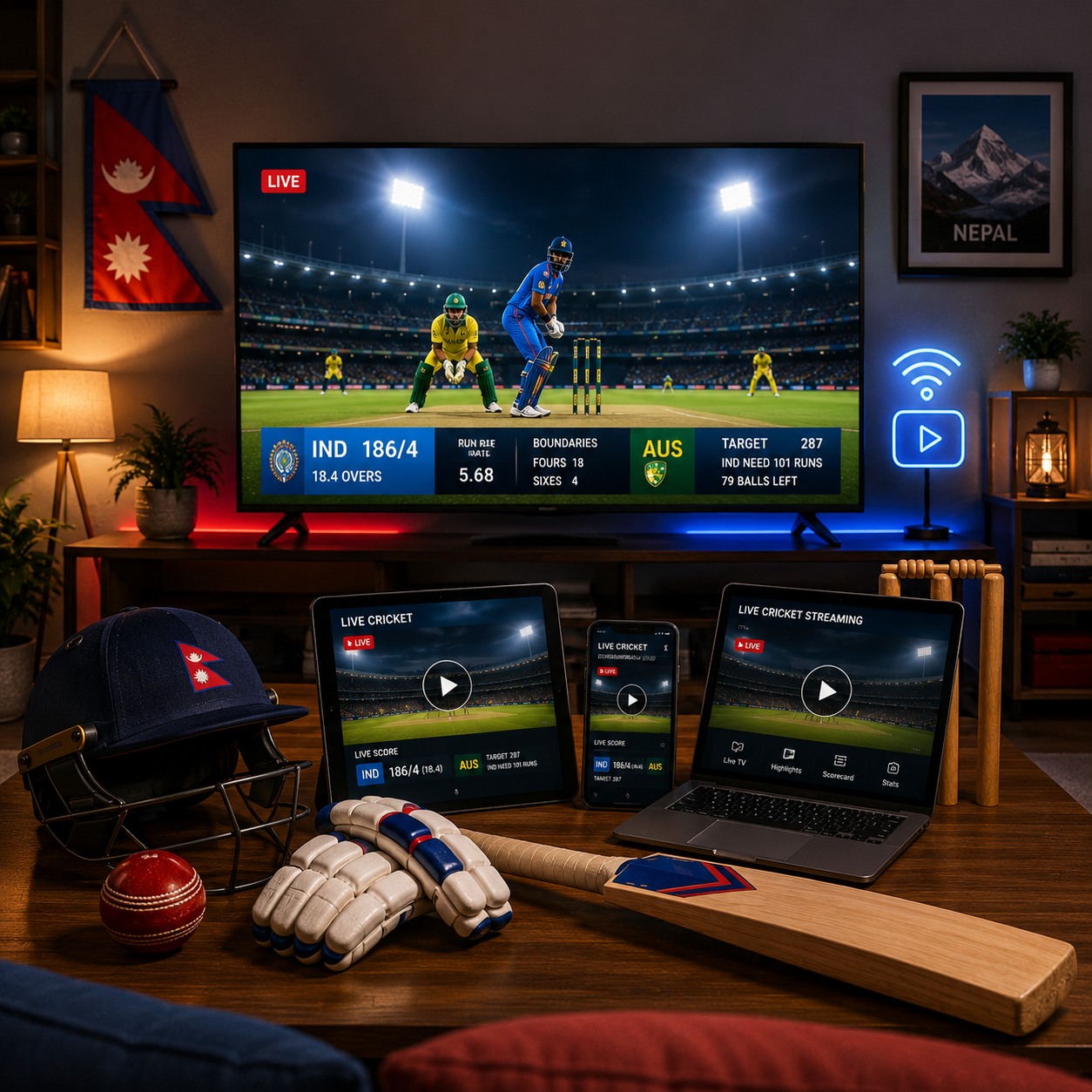 Square image showing a modern home entertainment setup streaming a live cricket match with real-time scoreboard, cricket bat, helmet, gloves, ball, and multiple streaming devices for online cricket viewing in Nepal.