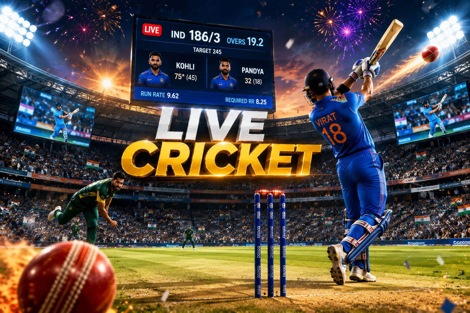 A dramatic cricket stadium with batsman, bowler, floodlights, live score graphics, and fans cheering during an international cricket match.