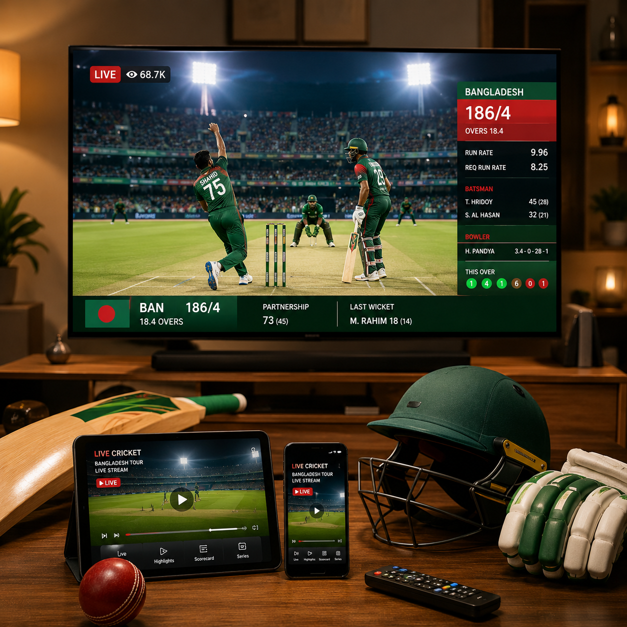 Square image showing a modern TV streaming a Bangladesh cricket match with live scoreboard, cricket bat, helmet, gloves, ball, and streaming devices in a premium home entertainment setup.