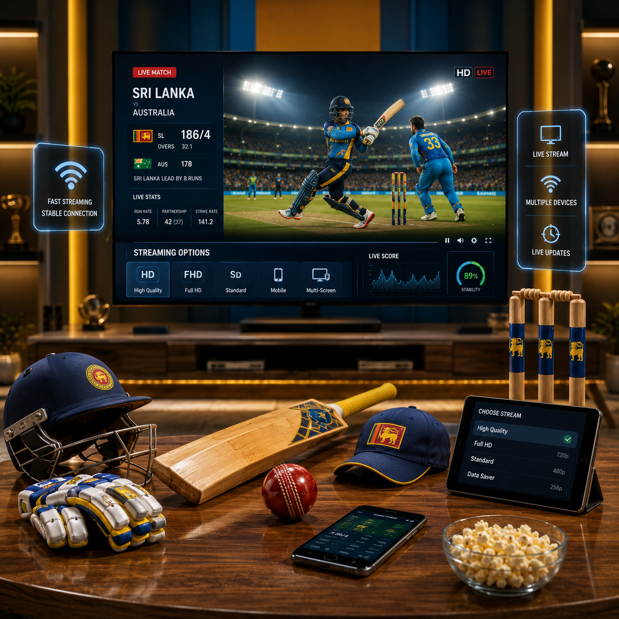 Square image featuring a modern home entertainment setup streaming a live Sri Lanka cricket match on a 4K TV, with live scoreboard, HD streaming options, cricket bat, ball, helmet, gloves, wicket stumps, and multiple viewing devices.