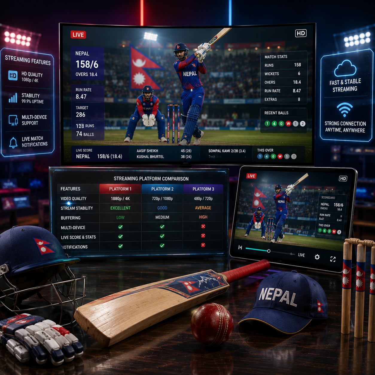 Square image featuring multiple digital devices streaming a live Nepal cricket match in HD, with real-time scoreboards, streaming quality comparison panels, cricket bat, ball, helmet, gloves, wicket stumps, and modern sports technology.