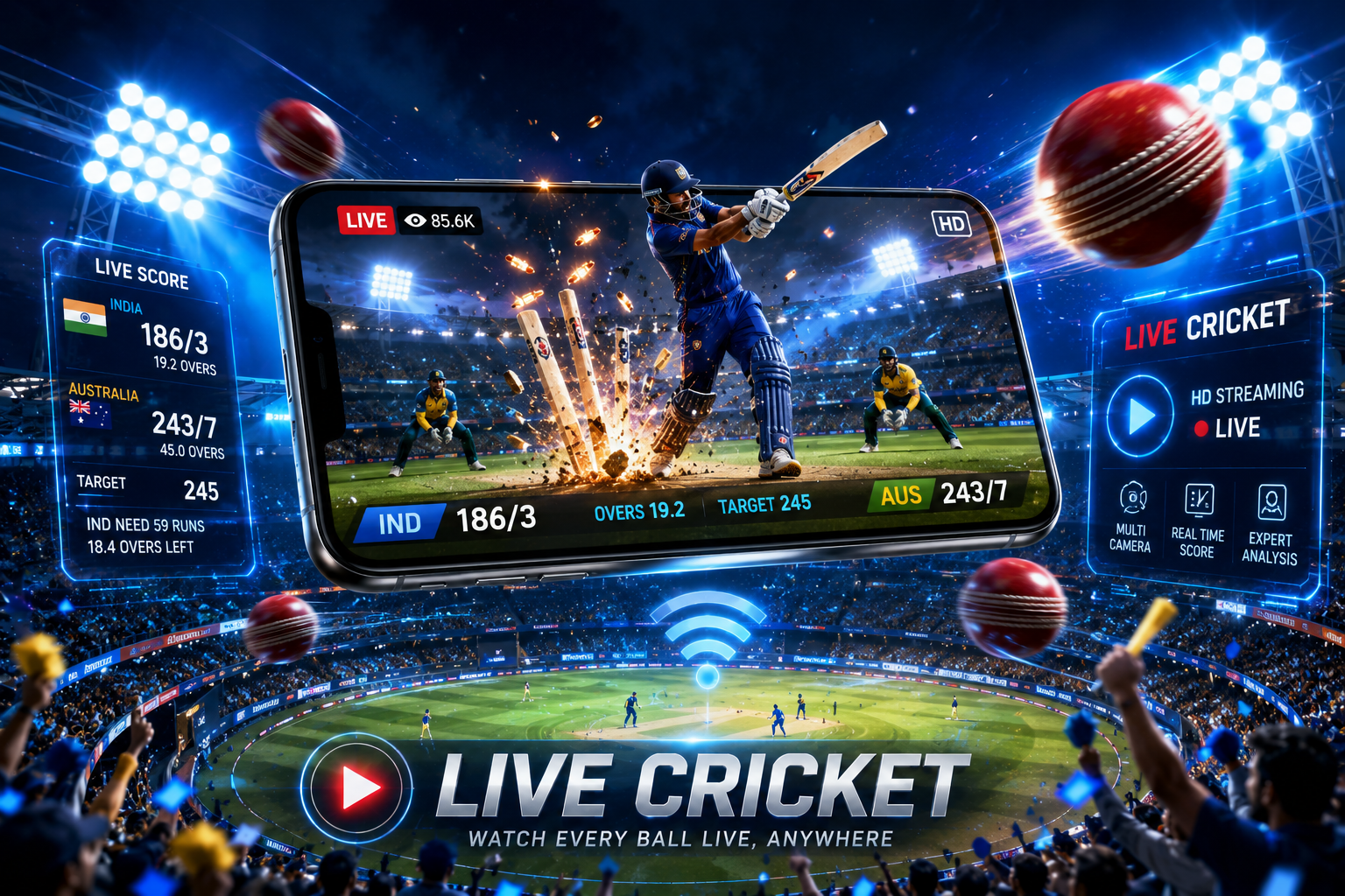 A smartphone streaming a live cricket match with HD graphics, live scores, stadium lights, and cricket action.