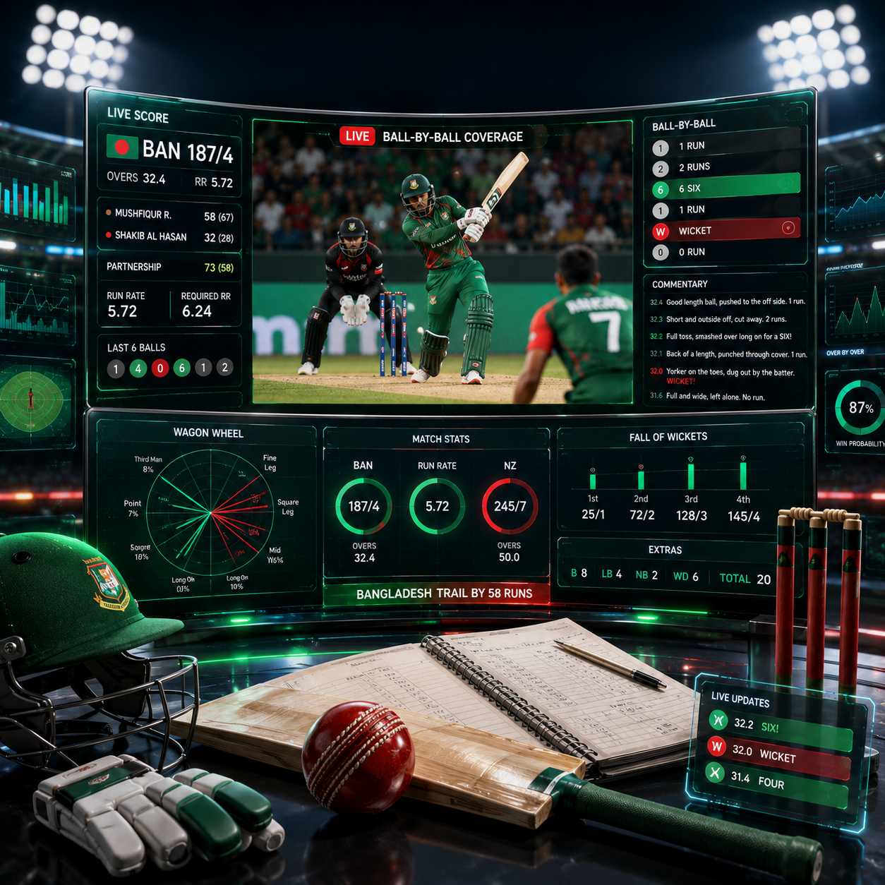 Follow Bangladesh cricket with live score updates, ball-by-ball commentary, match statistics, and real-time cricket analytics in a premium sports broadcasting environment.