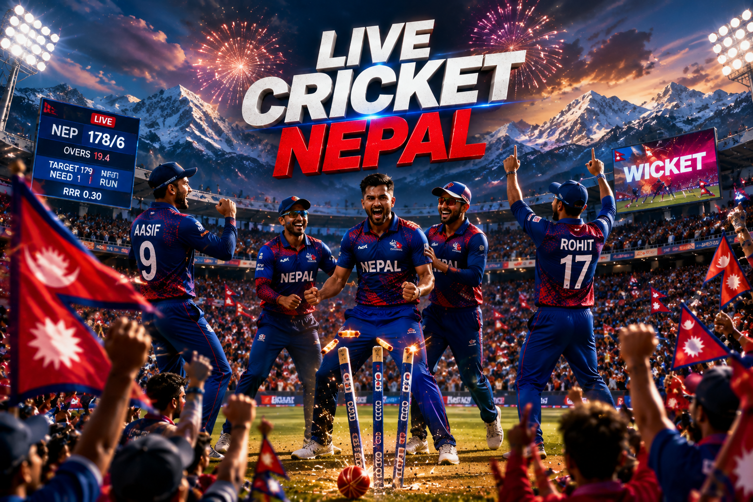 Nepal cricket players celebrating a wicket inside a packed stadium with Nepal flags and enthusiastic supporters.