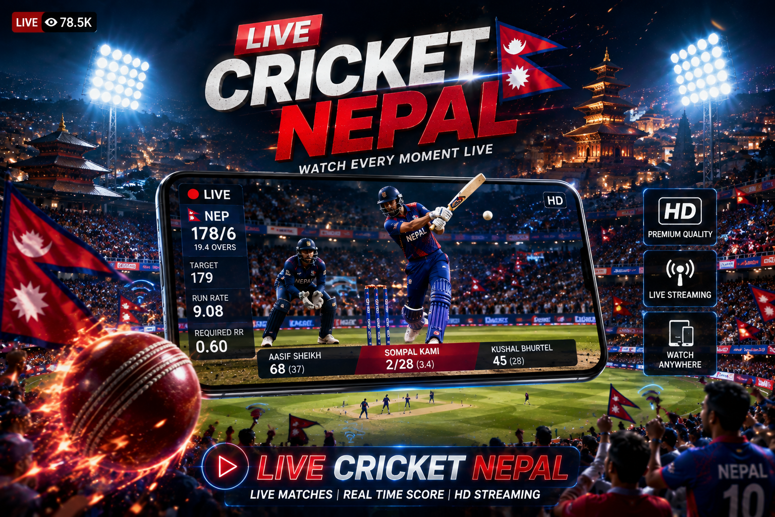 A cricket stadium in Nepal at night with live streaming graphics, cheering fans, and modern mobile viewing technology.