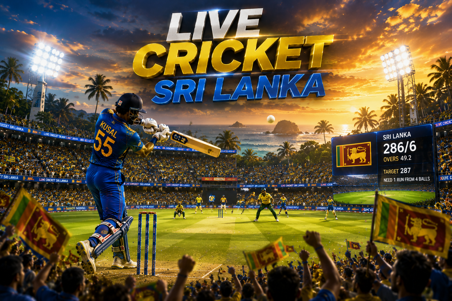 Sri Lankan cricket players in action with passionate fans, tropical scenery, and HD live match graphics.