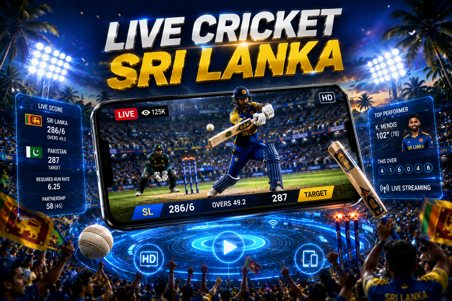 A smartphone displaying a live Sri Lanka cricket match with stadium lights, score overlays, and premium streaming visuals.