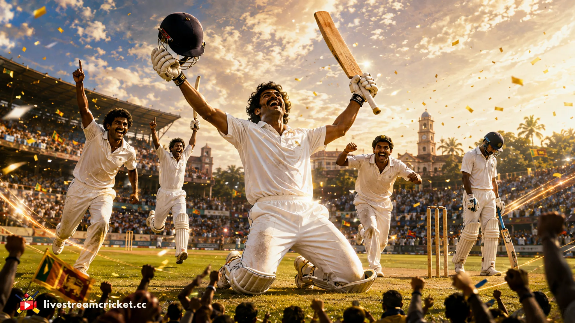1985 දී ඉන්දියාවට එරෙහි ශ්‍රී ලංකාවේ පළමු ටෙස්ට් ජයග්‍රහණය එක නිරූපණය කරන ශ්‍රී ලාංකික ක්‍රිකට් දර්ශනයක්