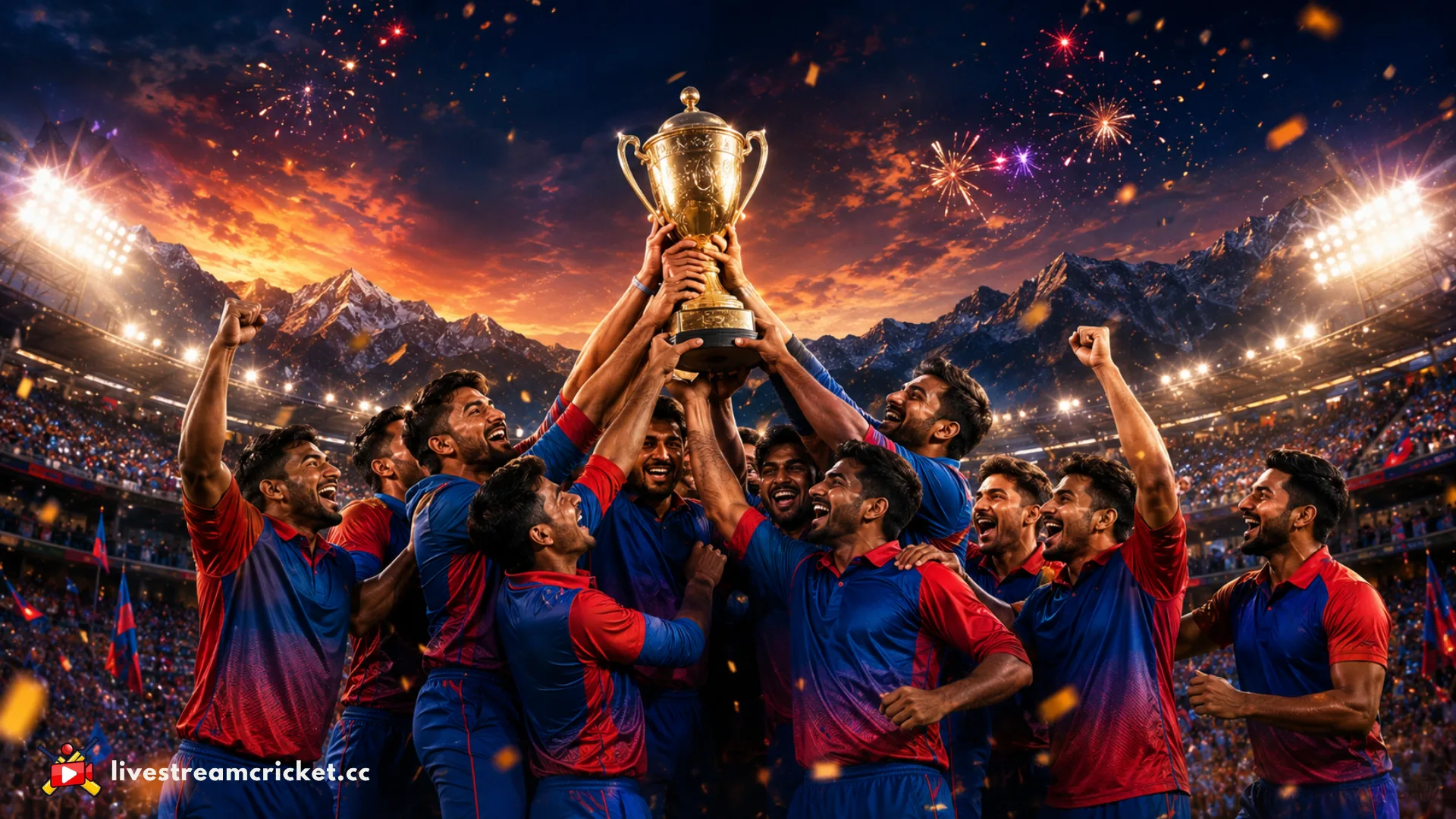 2023 ACC प्रिमियर कप फाइनलमा UAE माथिको जितपछि फ्लडलाइटमुनि एकअर्कालाई अँगाल्दै ट्रफी उठाइरहेका नेपाली क्रिकेटरहरू, खचाखच भरिएको कीर्तिपुर स्टेडियममाथि आतसबाजी र टाढा हिमालको छायाँ।
