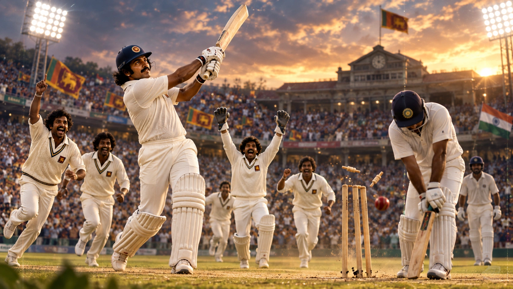 1979 ලෝක කුසලානයේ ඕල්ඩ් ට්‍රැෆර්ඩ්හි ඉන්දියාවට එරෙහි ජයග්‍රහණය සමරන ශ්‍රී ලංකා ක්‍රිකට් ක්‍රීඩකයන්