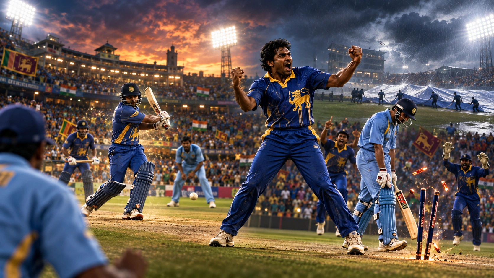 ඊඩන් ගාර්ඩන්ස්හි 1996 ලෝක කුසලාන අවසන් පූර්ව තරගයේ ශ්රී ලංකා සහ ඉන්දීය ක්රීඩකයන්