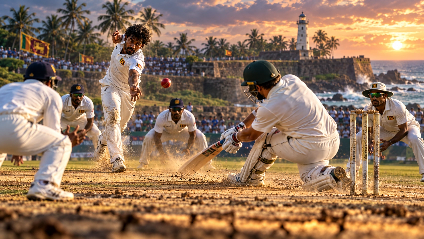 දඟ පන්දු යවන්නෙකුට පිත්ත වටා සමීප පන්දු රකින්නන් සිටින ගාල්ල ජාත්‍යන්තර ක්‍රීඩාංගණයේ ටෙස්ට් තරගයක්