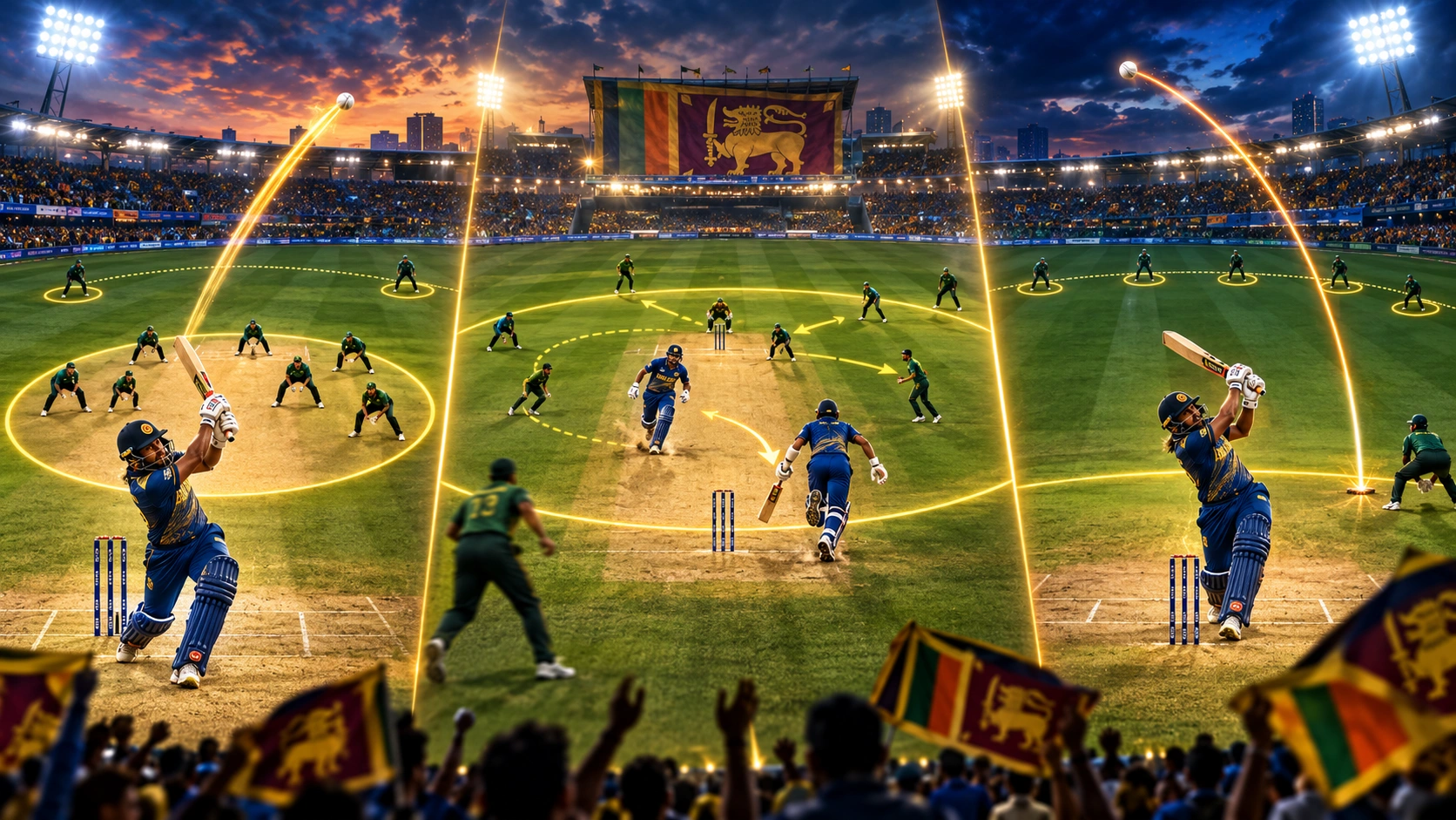ආරම්භක එක්දින ජාත්‍යන්තර පවර්ප්ලේ සඳහා සකස් කළ පන්දු රැකීමකට මුහුණ දෙන ශ්‍රී ලංකා පිතිකරුවන්