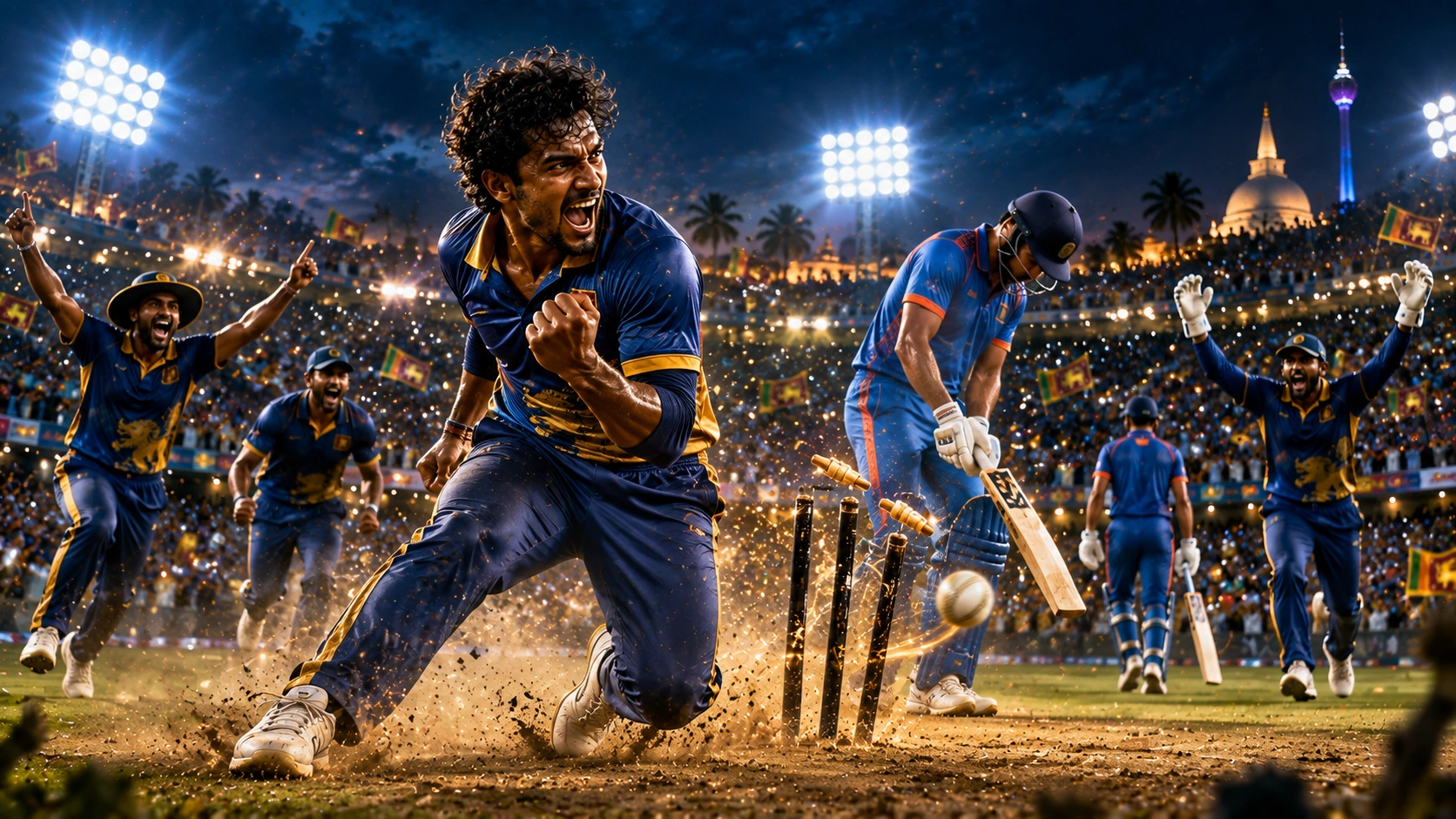 ඉන්දියාවට එරෙහි ශ්‍රීලංකාවේ 2024 එක්දින ජාත්‍යන්තර තරගාවලි ජය නිරූපණය කරන ශ්‍රීලංකා ක්‍රිකට් දර්ශනයක්