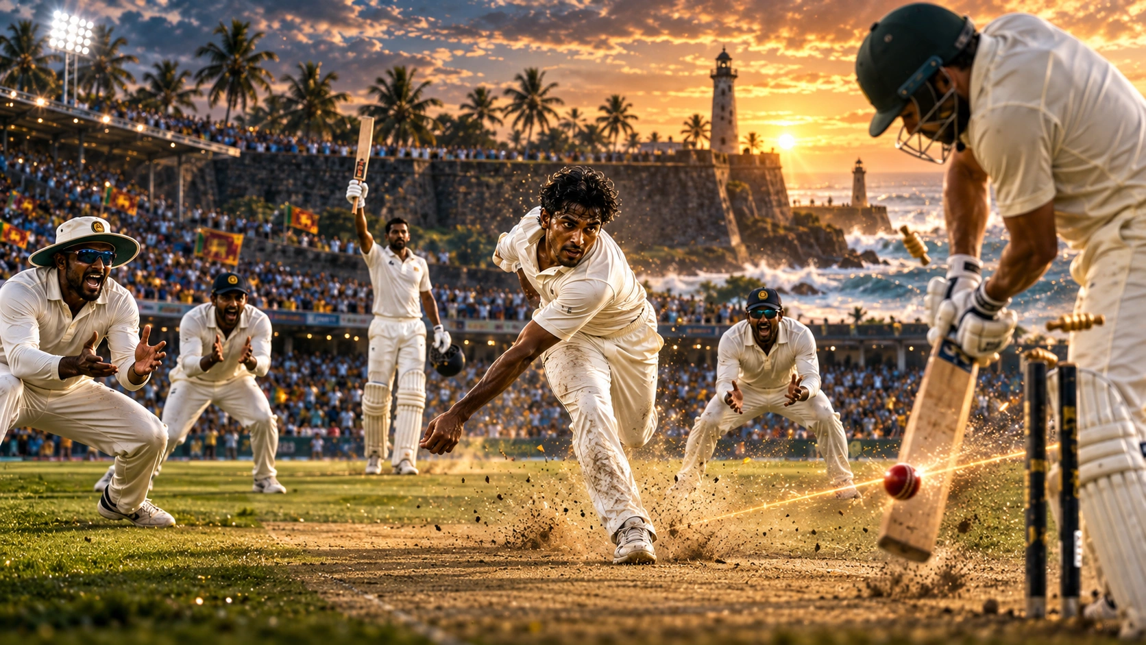 ඔස්ට්‍රේලියාවට එරෙහි ප්‍රභාත් ජයසූරියගේ සිහිනමය ටෙස්ට් මංගල තරගය නිරූපණය කරන ශ්‍රීලංකා ක්‍රිකට් දර්ශනයක්