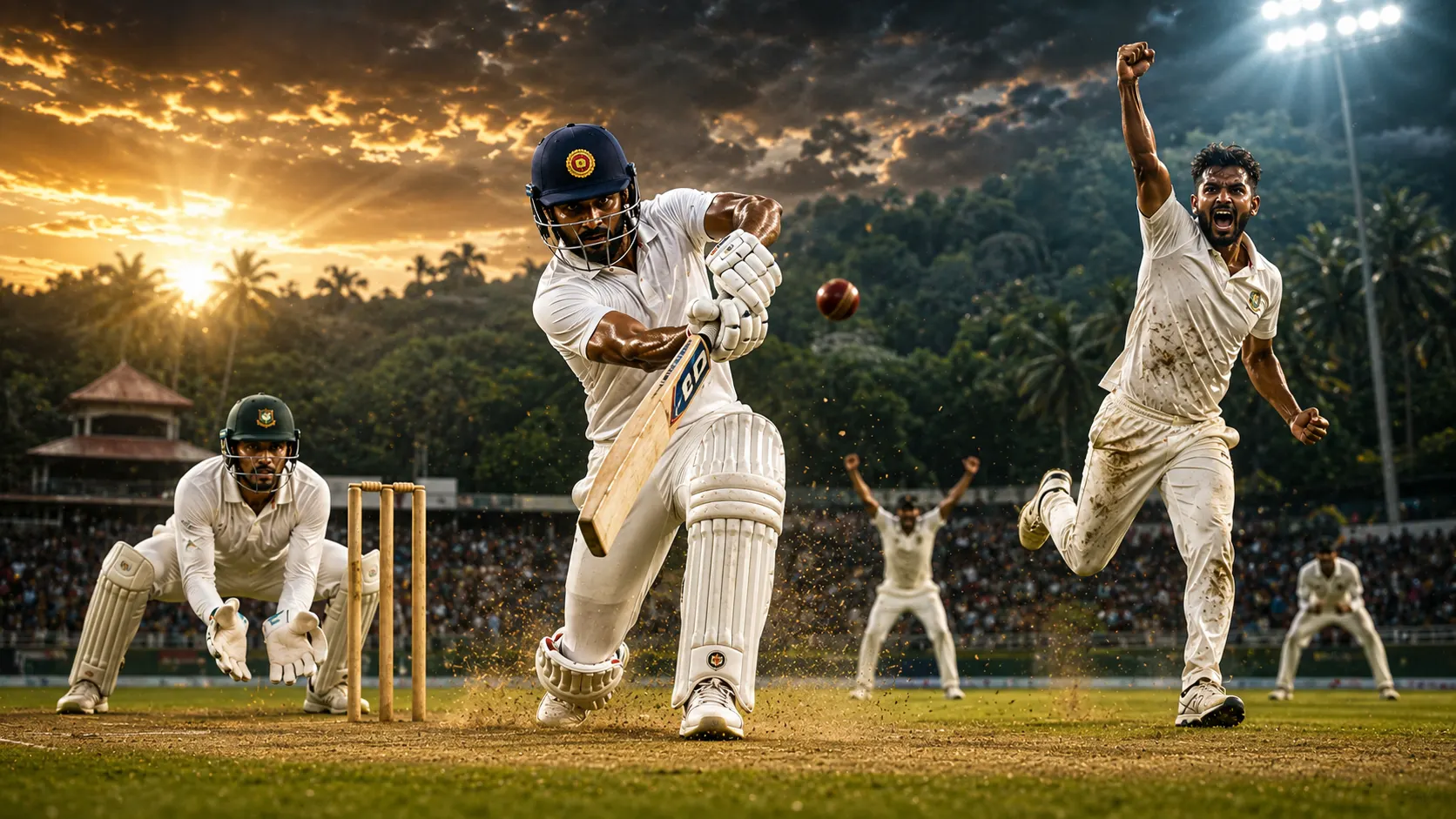 බංග්ලාදේශයට එරෙහි ශ්‍රී ලංකාවේ 2021 ටෙස්ට් තරගාවලි ජය නිරූපණය කරන ශ්‍රී ලංකා ක්‍රිකට් දර්ශනයක්