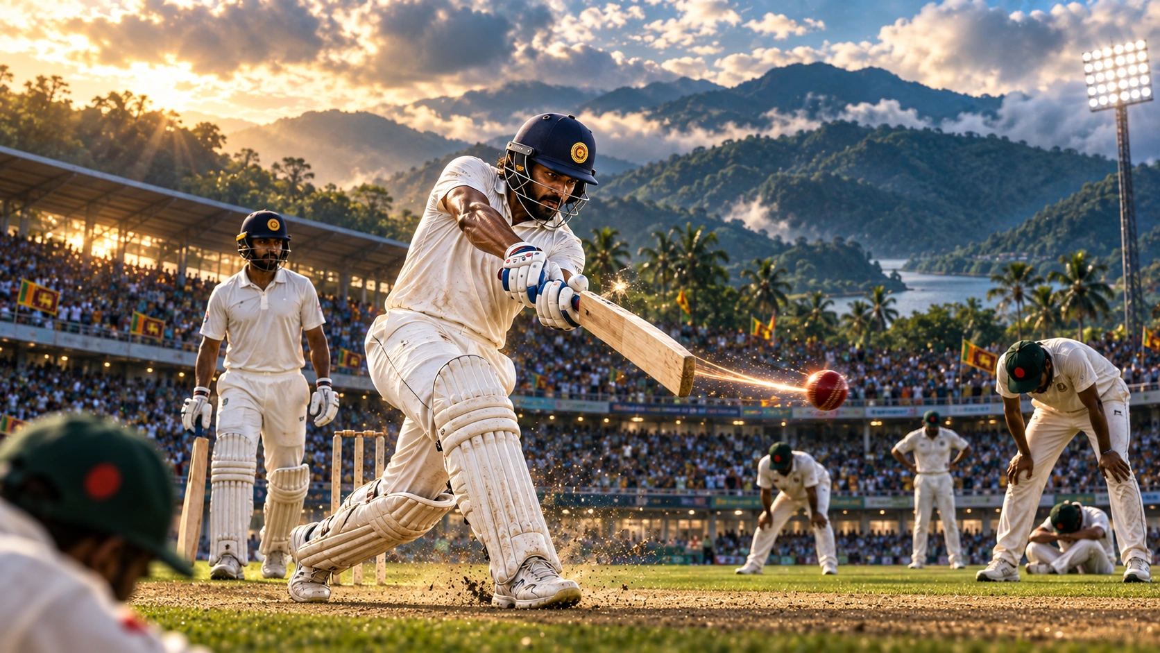 බංග්ලාදේශයට එරෙහි දිමුත් කරුණාරත්නගේ 244 නිරූපණය කරන ශ්‍රීලංකා ක්‍රිකට් දර්ශනයක්