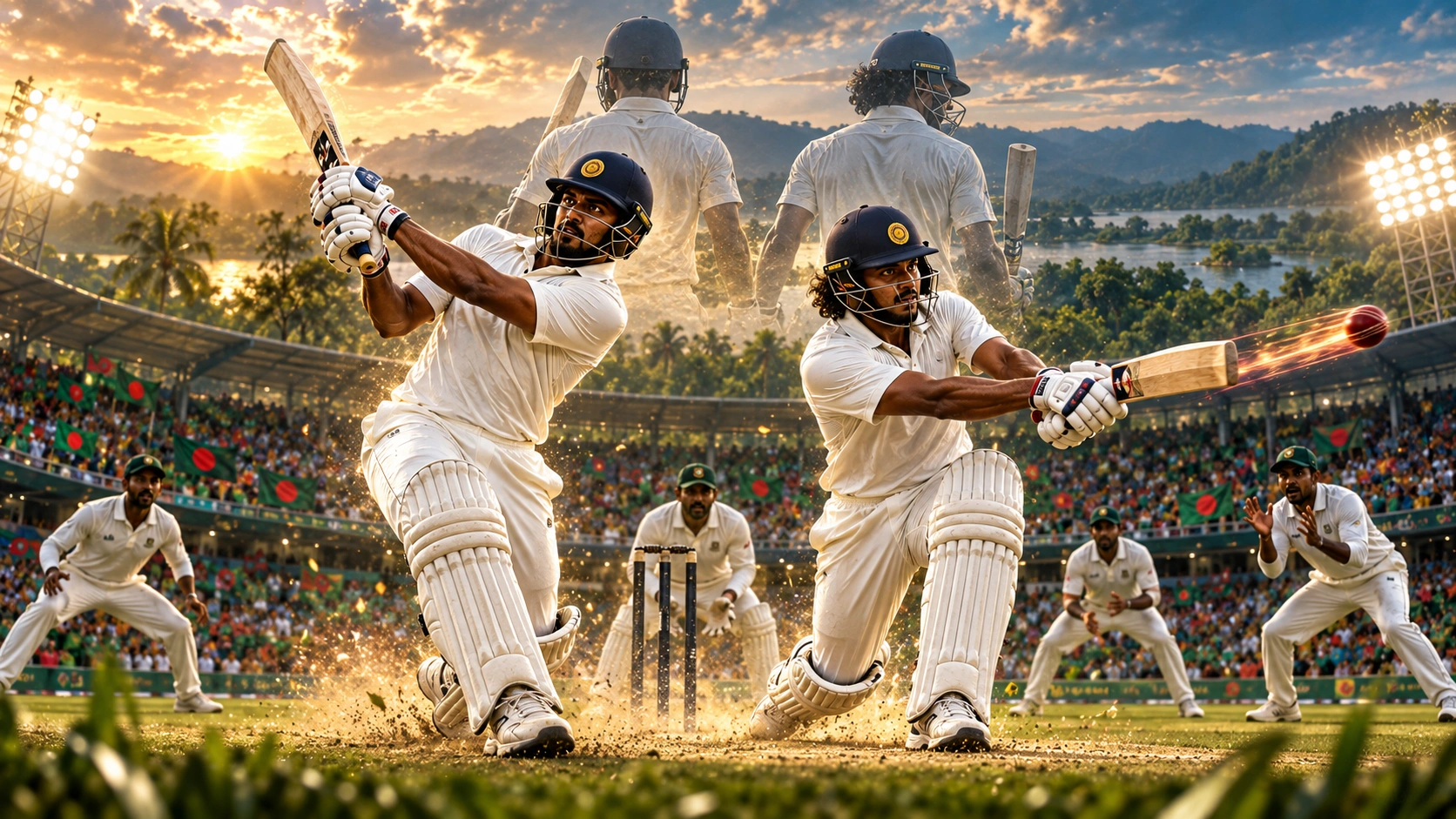 සිල්හෙට්හි ධනංජය ද සිල්වා සහ කමිඳු මෙන්ඩිස්ගේ ඉනිම් දෙකේම ශතක නිරූපණය කරන ශ්‍රී ලංකා ක්‍රිකට් දර්ශනයක්
