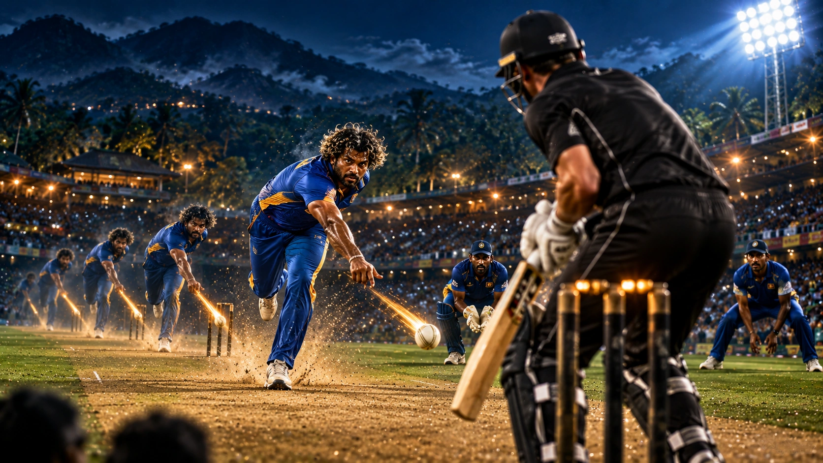 2019 නවසීලන්තයට එරෙහි ලසිත් මාලිංගගේ අඛණ්ඩ පන්දු හතරෙන් කඩුලු හතර නිරූපණය කරන ශ්‍රී ලංකා ක්‍රිකට් දර්ශනයක්