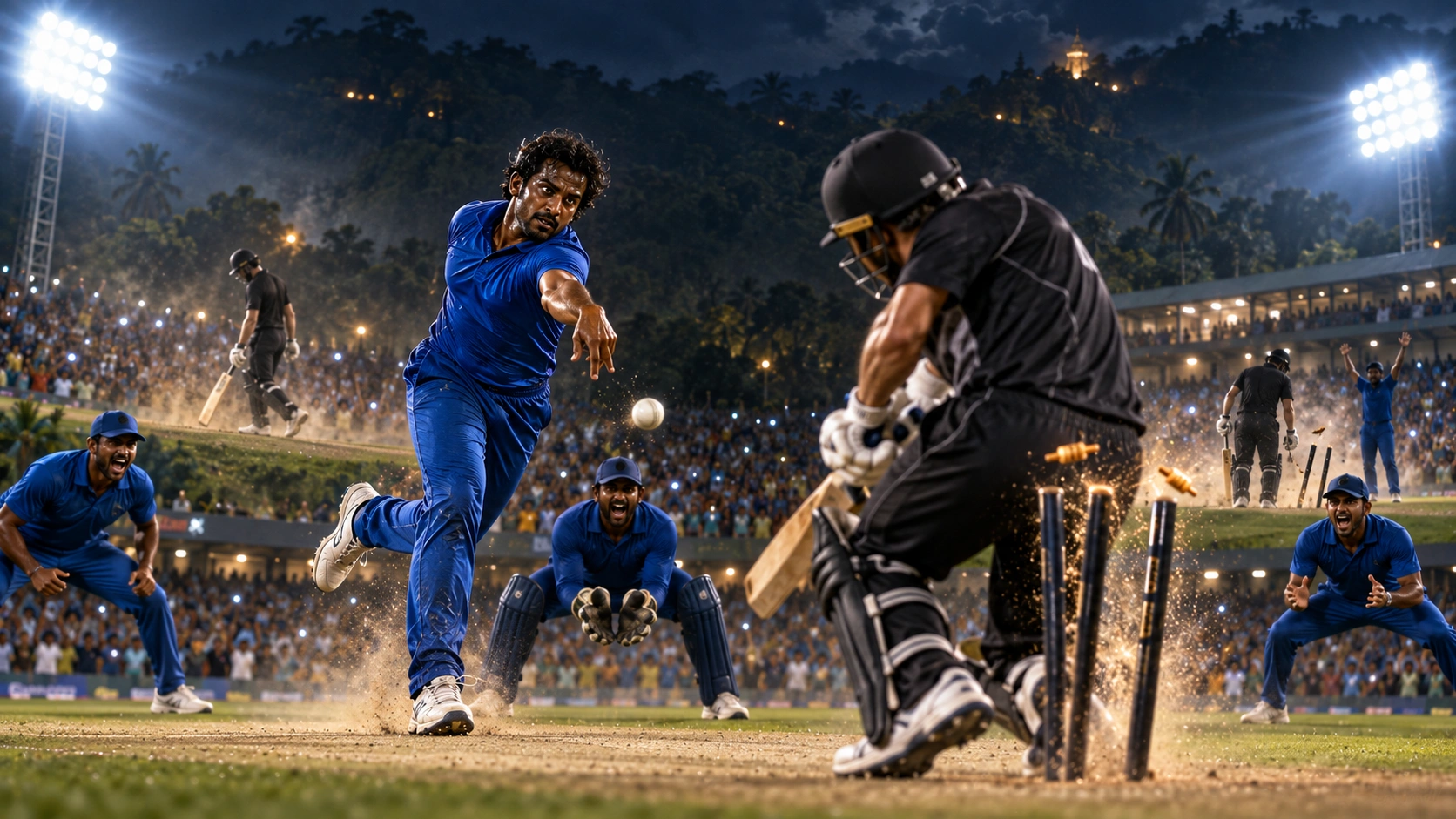 2014 නවසීලන්තයට එරෙහි රංගන හේරත්ගේ ලකුණු 3කට කඩුලු 5 නිරූපණය කරන ශ්‍රී ලංකා ක්‍රිකට් දර්ශනයක්