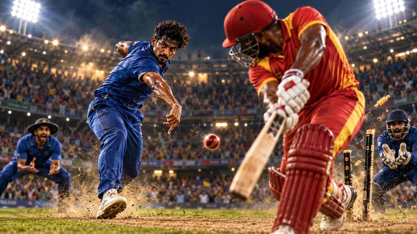 සිම්බාබ්වේට එරෙහි වනිඳු හසරංගගේ ලකුණු 19කට කඩුලු 7 නිරූපණය කරන ශ්‍රී ලංකා ක්‍රිකට් දර්ශනයක්