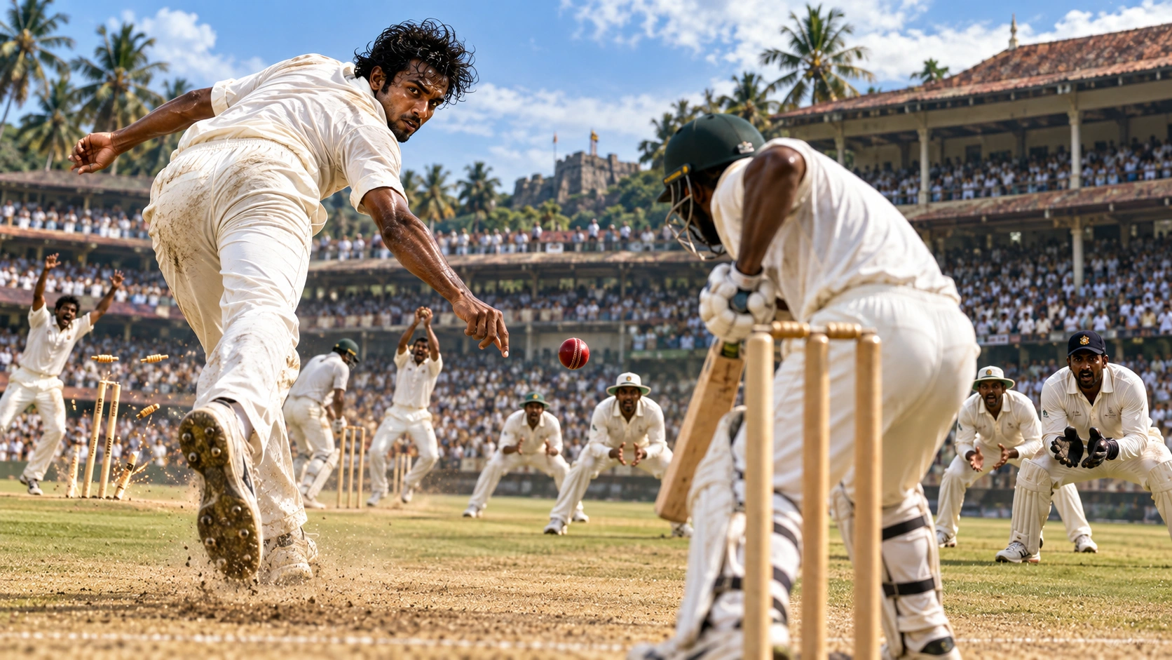 නුවන් සොයිසාගේ පළමු පන්දු තුනේ ටෙස්ට් කඩුලු ත්‍රිත්වය නිරූපණය කරන ශ්‍රී ලංකා ක්‍රිකට් දර්ශනයක්