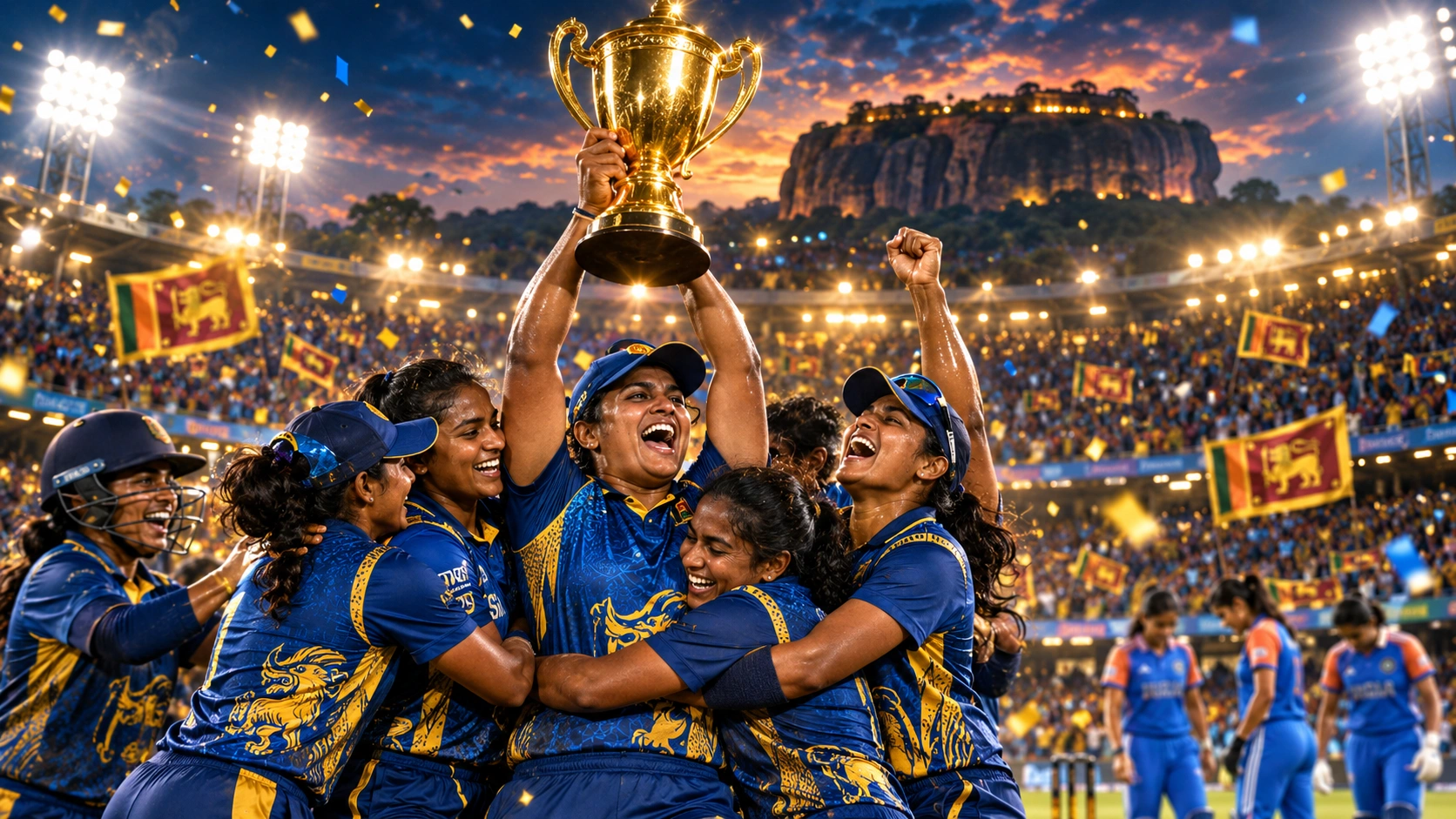 ශ්‍රී ලංකා කාන්තා කණ්ඩායමේ පළමු 2024 ආසියානු කුසලාන ශූරතාව නිරූපණය කරන ශ්‍රී ලාංකික ක්‍රිකට් දර්ශනයක්