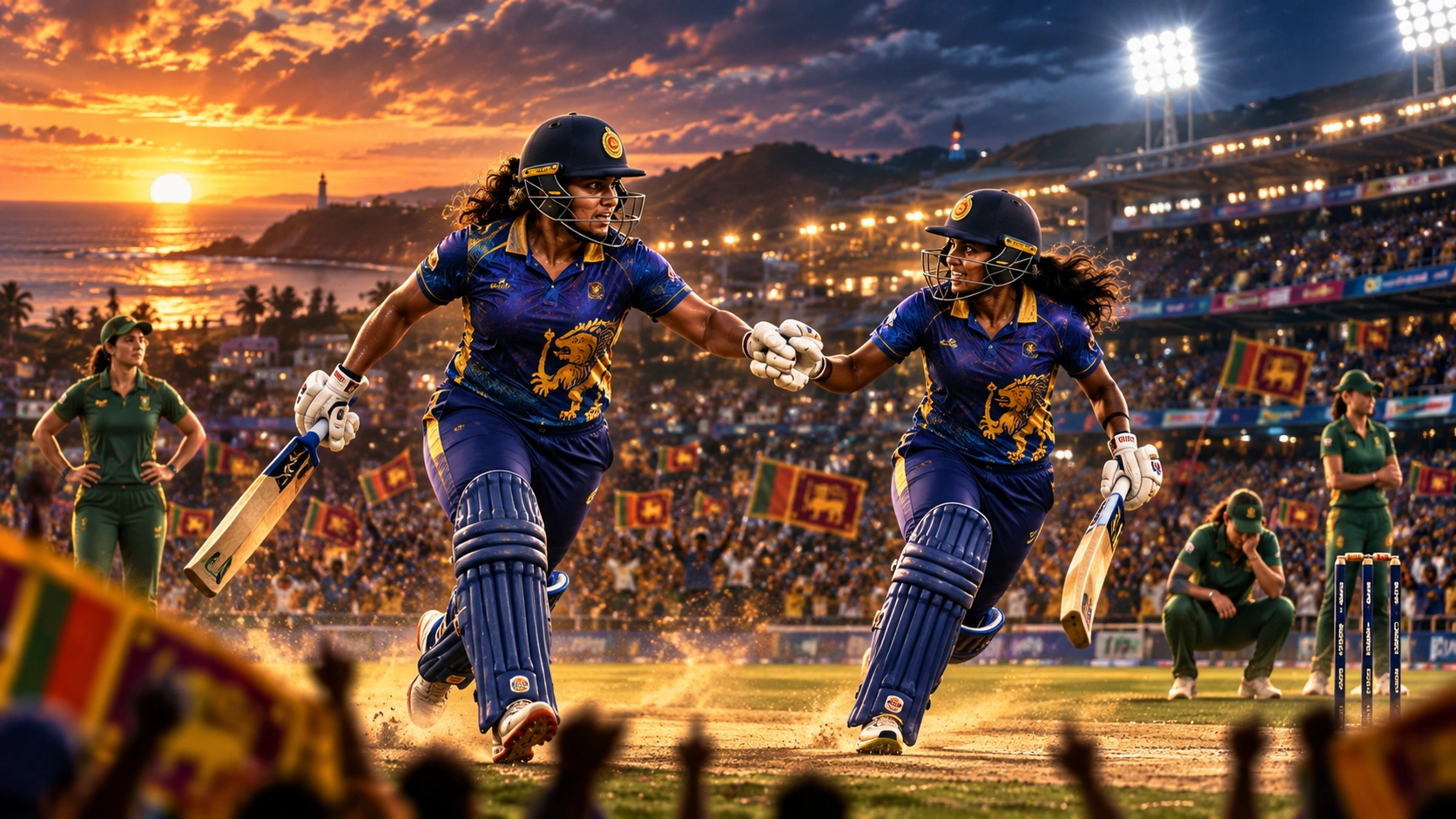 ශ්‍රී ලංකා කාන්තා කණ්ඩායමේ ඓතිහාසික 2024 දකුණු අප්‍රිකා විස්සයි20 ජාත්‍යන්තර තරගමාලා ජය නිරූපණය කරන ශ්‍රී ලාංකික ක්‍රිකට් දර්ශනයක්
