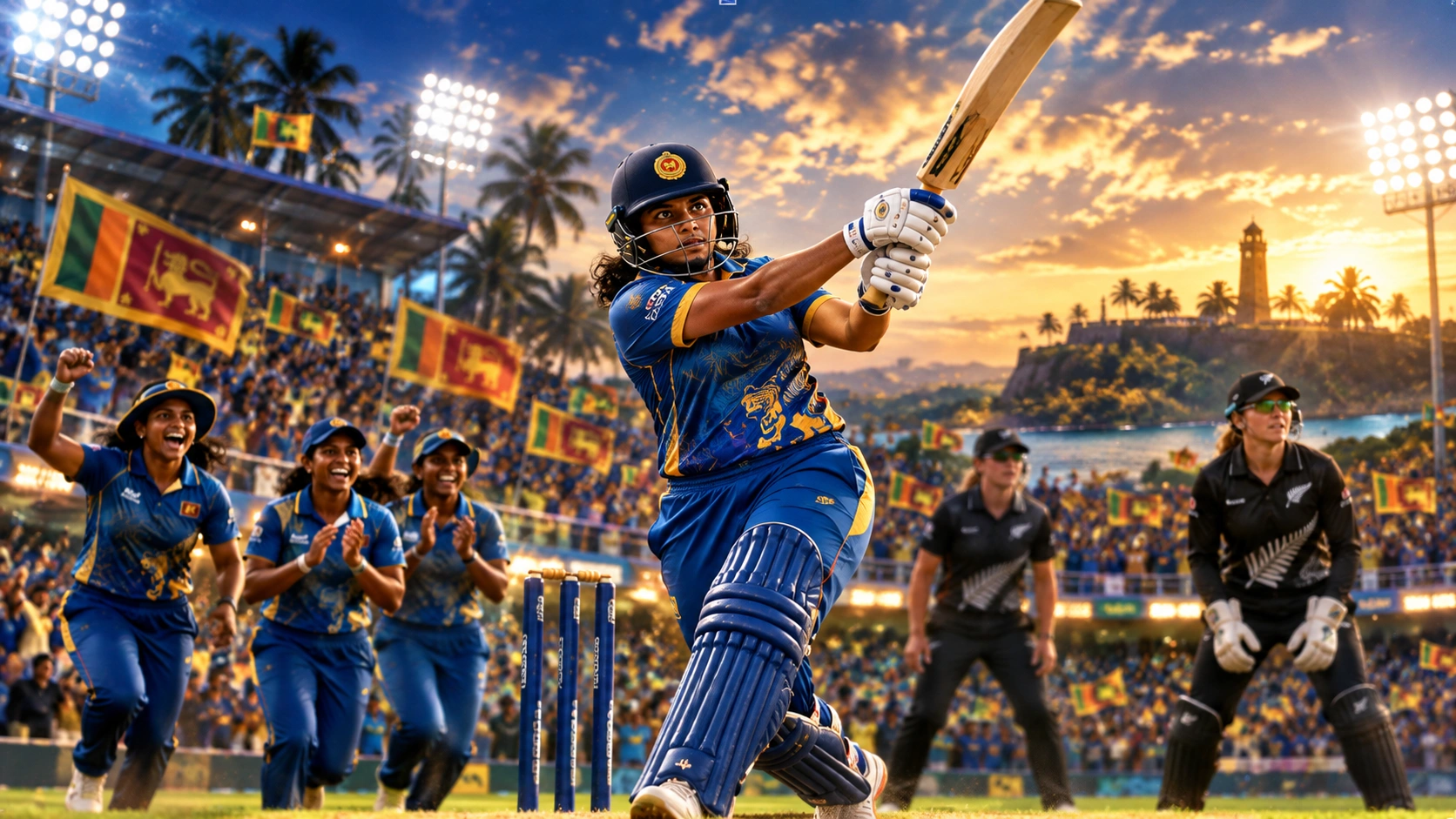 නවසීලන්තයට එරෙහි ශ්‍රී ලංකා කාන්තා කණ්ඩායමේ 2023 එක්දින තරගමාලා ජය නිරූපණය කරන ශ්‍රී ලාංකික ක්‍රිකට් දර්ශනයක්