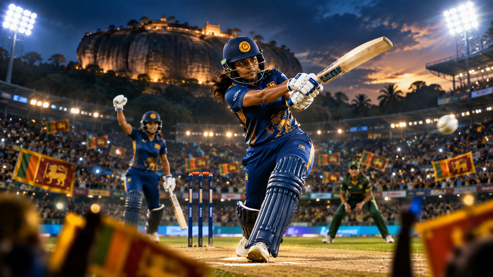 2024 ආසියානු කුසලාන අවසන් මහා තරගයේ හර්ෂිතා සමරවික්‍රමගේ නොදැවී 69 නිරූපණය කරන ශ්‍රී ලාංකික ක්‍රිකට් දර්ශනයක්