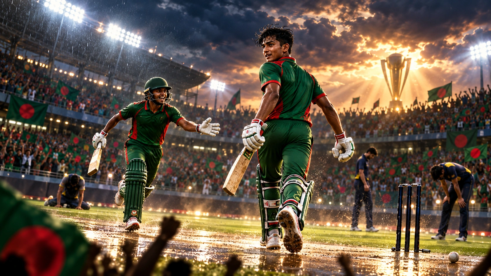 পচেফস্ট্রুমে ভারতকে হারিয়ে 2020 বিশ্বকাপ শিরোপা জয়ের পর উদ্‌যাপনরত বাংলাদেশের অনূর্ধ্ব-19 ক্রিকেটাররা