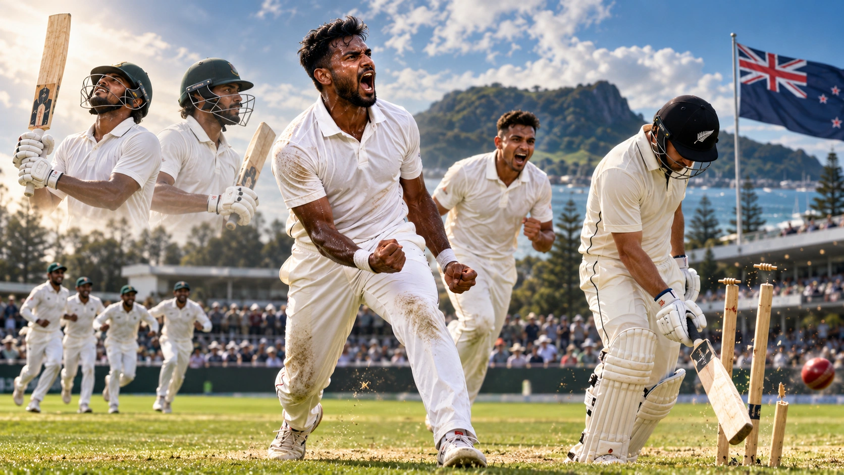 2022 সালে বে ওভালে নিউজিল্যান্ডকে আট উইকেটে হারিয়ে টেস্ট জয় উদ্‌যাপন করছেন বাংলাদেশের খেলোয়াড়েরা